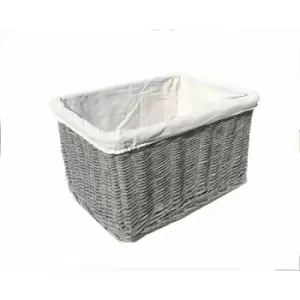 image of Small Wicker Willow Storage Basket With Cloth Lining [Grey Medium: 28x20x21cm]