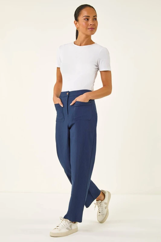 Image of Roman Womens Petite Stripe Bengaline Stretch Trouser in Blue Size: 18 Blue Female 18