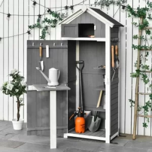 image of Outsunny Garden Wood Storage Shed with Workstation, Hooks and Ground Nails Multifunction Lockable Sheds Tool Organizer, 182 x 78 x 52.5cm, Grey