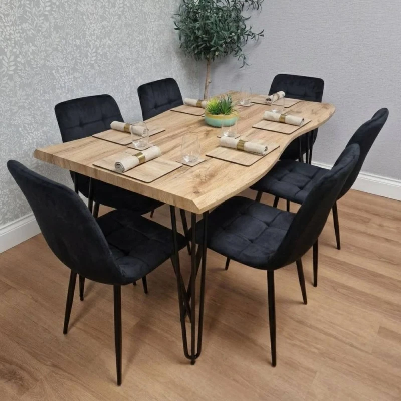 Image of Kosy Koala Dining Table And 6 Black Velvet Chairs - Stylish Dining Room Furniture Set, Multi ARZ140+6BKRCO