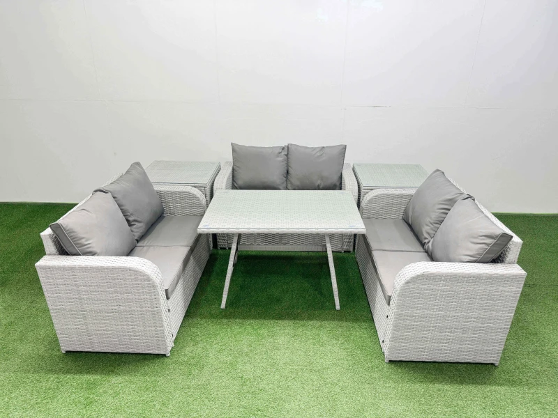 Image of Fimous 6-seater Patio Rectangular Table Love Sofa Set with 2 Side Tables in Light Grey Light Grey Unisex