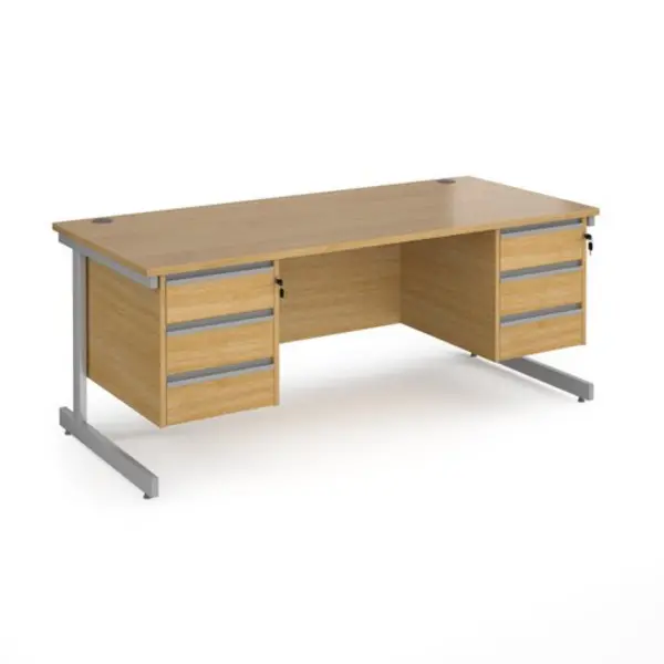 Image of Contract 25 Office Desk Rectangular Desk 1800mm With Double Pedestal Oak Top With Silver Frame 800mm Depth Contract 25 CC18S33-S-O Oak CC18S33