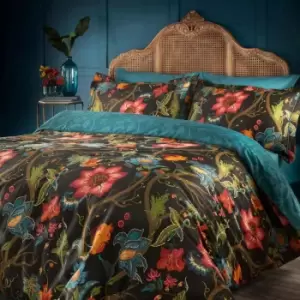 Image of Paoletti Botanist Double Duvet Cover Set Cotton Sateen Black / Multi