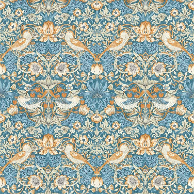 Image of WILLIAM MORRIS BY CLARKE & CLARKE Strawberry Thief Denim/Spice Wallpaper blue 50X1000CM