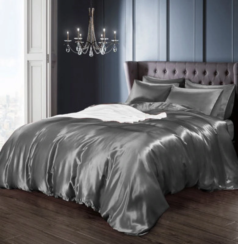 Image of Intimates Luxury Faux Silk Duvet Cover & Pillowcase Set, Stylish Bed Linen With Smooth Satin-Like Finish, Machine Washable - Silver