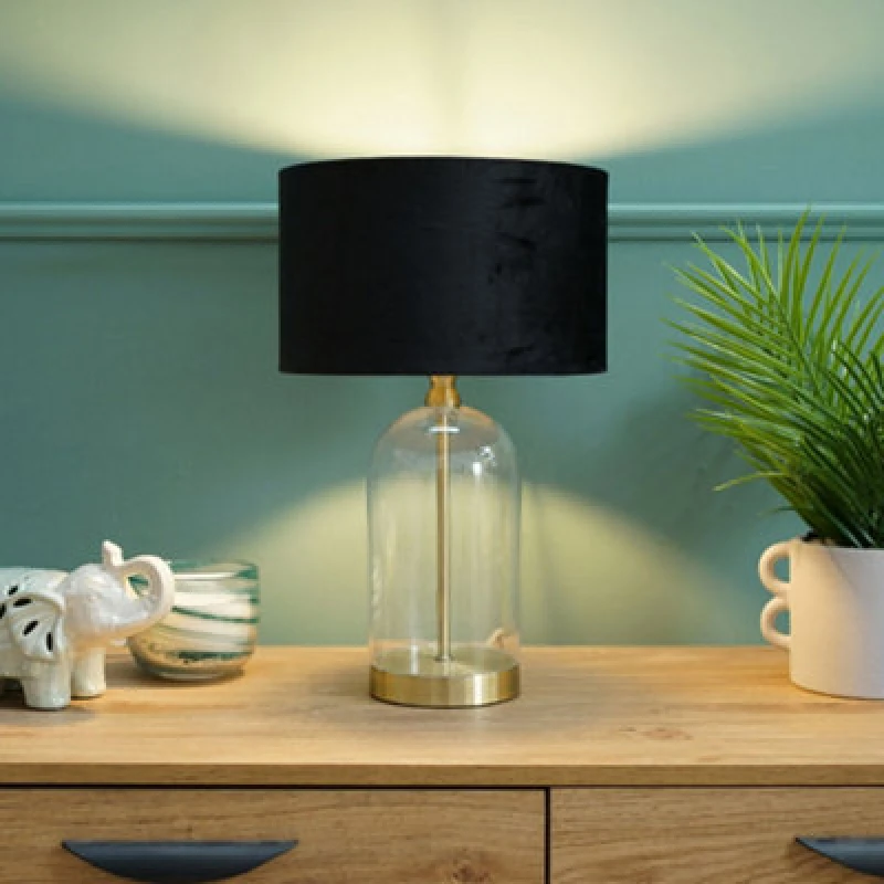 Image of ValueLights Jessy Gold Glass Table Lamp With Black Velvet Shade Gold