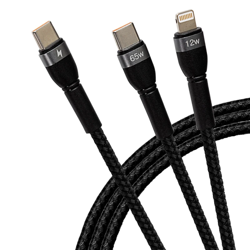 Image of Maplin Maplin 2-in-1 USB-C to Multi-Charging USB-C 65W & Lightning 12W Braided Cable 838PAM