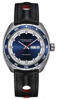 Image of Hamilton Mens Pan Europ Black Leather Strap Blue Dial Watch