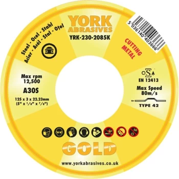 York Abrasives Gold - 125 X 3 X 22MM A30S Cutting Disc - Type 42 Depressed Centre