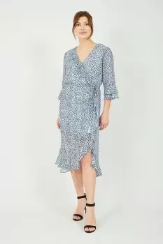 Image of Blue Recycled Heart Spot Frill Wrap Midi Dress