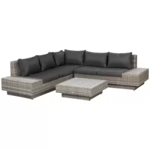 Image of Outsunny 4pc Rattan Corner Sofa and Coffee Table Set - Light Grey