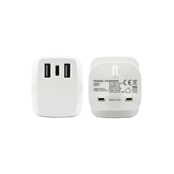 image of AA Dual USBUSB-C 18W PD Mains Charger 2 x USB 1 x USB-C 3Amp - White