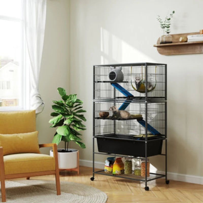 Image of PawHut 5 Levels Rolling Small Animal Cage with Non Slip Cloth Covered Ramps Dark Grey