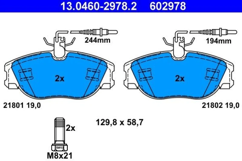 Image of ATE 13.0460-2978.2 Brake pad set incl. wear warning contact, with brake caliper screws Brake Pad Set,disc brake (402)