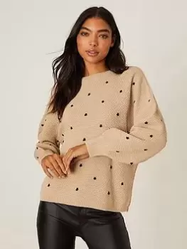 image of Dorothy Perkins Spot Knitted Jumper - Beige, Beige, Size S, Women