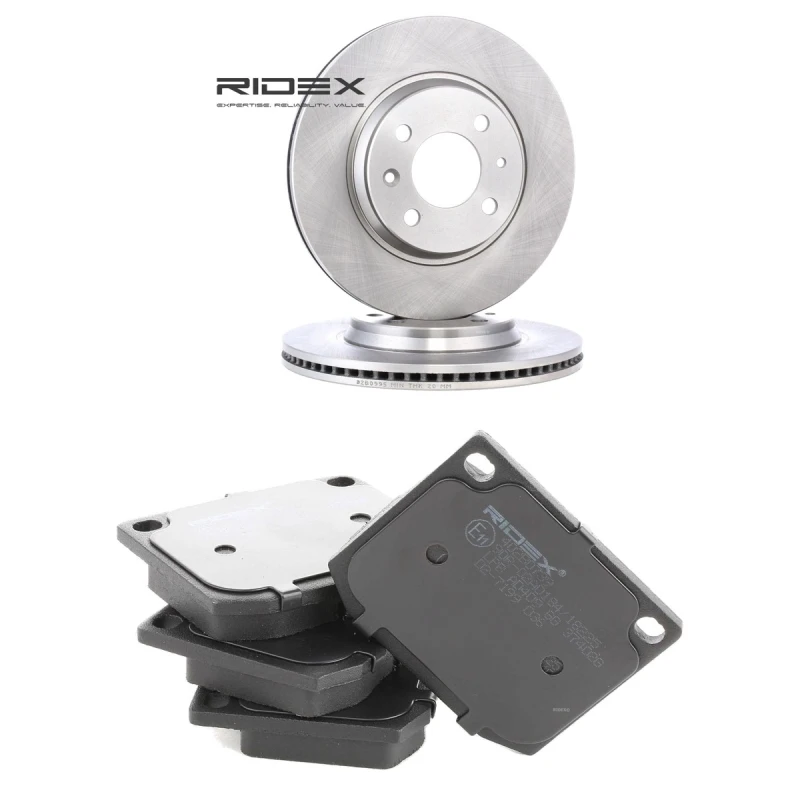 Image of RIDEX 3405B2542 Brake disc and pads set Front Axle, Brake Disc Type: internally vented, excl. wear warning contact Brake Set,disc brakes (3405)