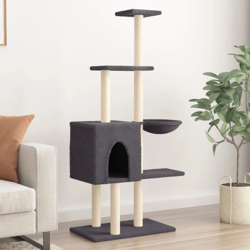Image of vidaXL Cat Tree with Sisal Scratching Posts Dark Grey 145 cm, Grey 172096