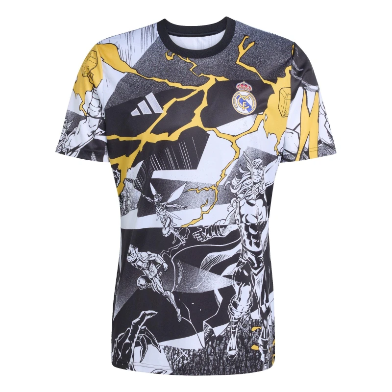 Image of adidas Mens Real Madrid x Marvel Short Sleeve T-Shirt 2025 2026 White/Black male S