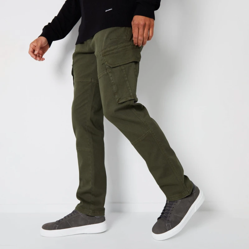 Image of Threadbare 'Freeze' Cotton Cargo Pocket Trousers With Stretch Khaki
