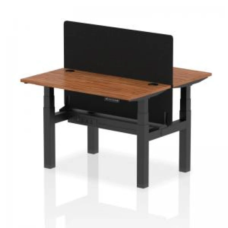 Image of Air Back - to - Back 1200 x 600mm Height Adjustable 2 Person Bench Office Desk Walnut Top - Cable Ports Black Frame - Black Straight Screen