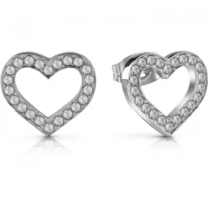 GUESS rhodium plated heart frame stud earrings with Swarovski crystals.