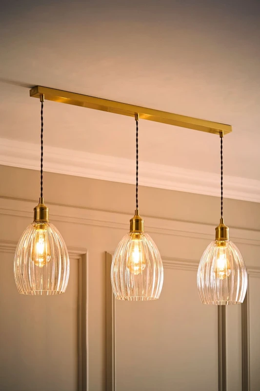Image of ValueLights Cheltenham Ribbed Glass Dome 3 Drop Bar Diner Ceiling Light with Bulbs in Gold Gold Unisex