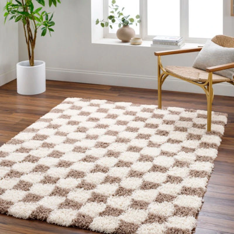 Image of Livabliss Shaggy Modern Plush Pile Brown Checkered Willa Area Rug 200 X 290 Cm - Easy Care, Non Shedding, Ideal For Living Room & Bedroom