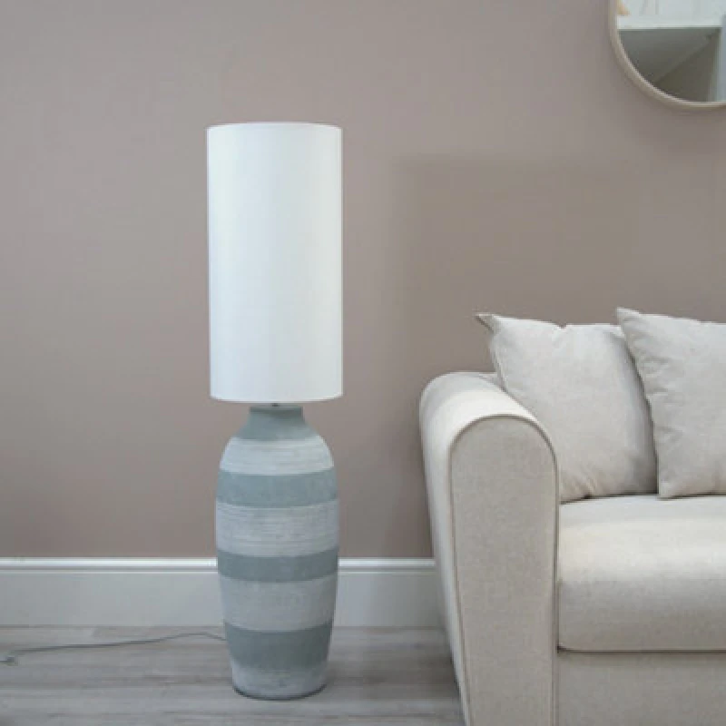Image of ValueLights Deegan Grey Ceramic Midi Compact Floor Lamp with Tall Fabric Lamp Shade and Bulb Grey