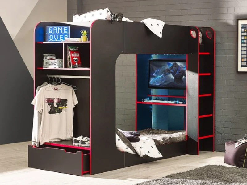 Image of Julian Bowen Impact Single Black and Red Wooden Gaming Bunk Bed Frame - 3ft Single