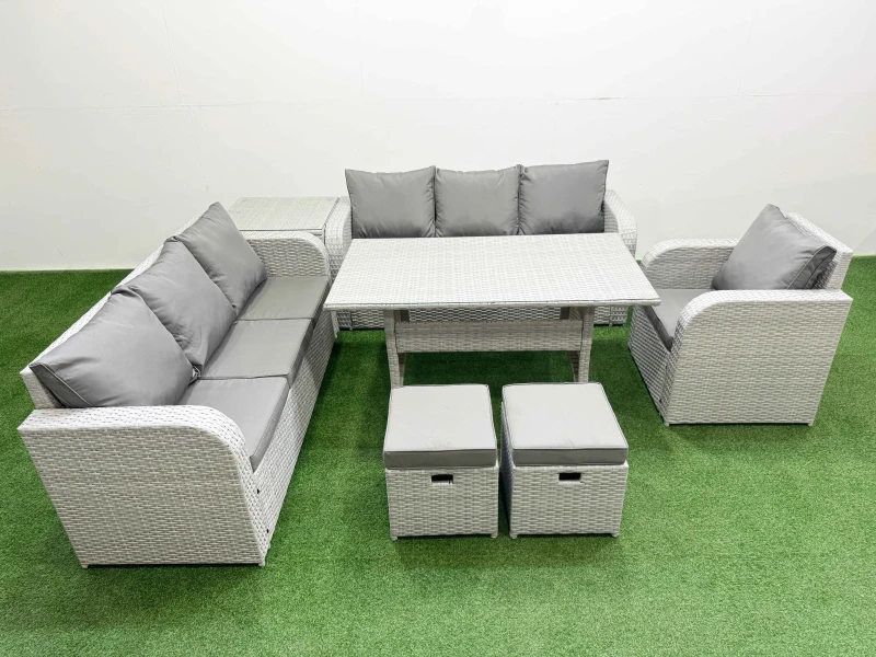 Image of Fimous 9 Seater Poly Rattan Outdoor Garden Furniture Rectangular Dining Table Sofa Set Patio 3 Seater Sofa Reclining Chair 3 Seater Sofa Stools Side T