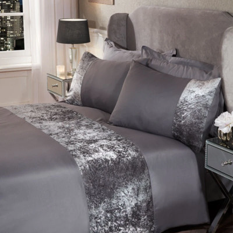 Image of OHS OHS Crushed Velvet Panel Duvet Cover with Pillow Case Set in Light Grey Size: King Light Grey King Unisex 5027434117598