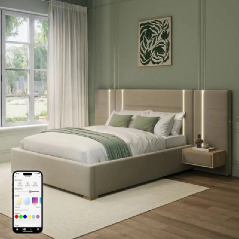 Image of X Rocker Xr Living Amelia Ottoman King Hotel Bed With Bedside Tables And App Controlled Lights - Beige