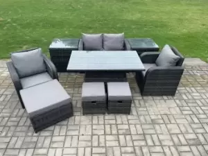 Image of Fimous 4 Seater Outdoor Dark Grey Rattan Lounge Complete Sofa Set with Adjustable Table, 2 Side Tables, 2 Stool and Big Footstool