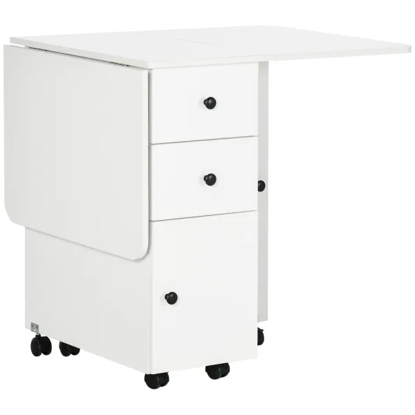 Image of HOMCOM Folding Dining Table for 4-6, Rolling Drop Leaf Table with Storage Drawers, Cabinet and Open Shelf, Extendable Kitchen Table on Wheels, White