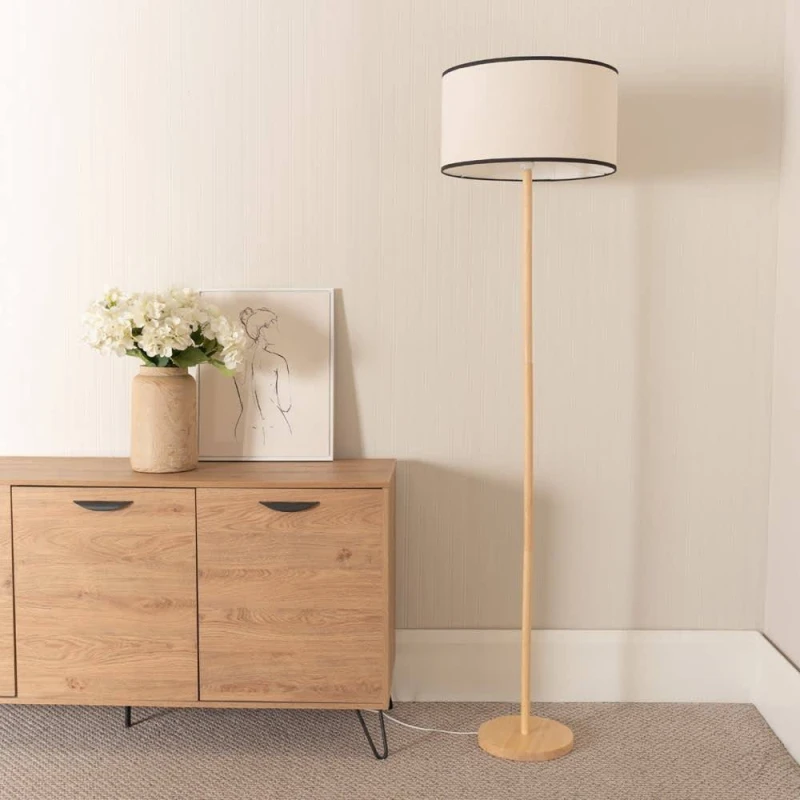 Image of ValueLights ValueLights Heather Light Wood Single Stem Floor Lamp with Natural Fabric Drum Lamp Shade in Black One Size Unisex 5059406057205
