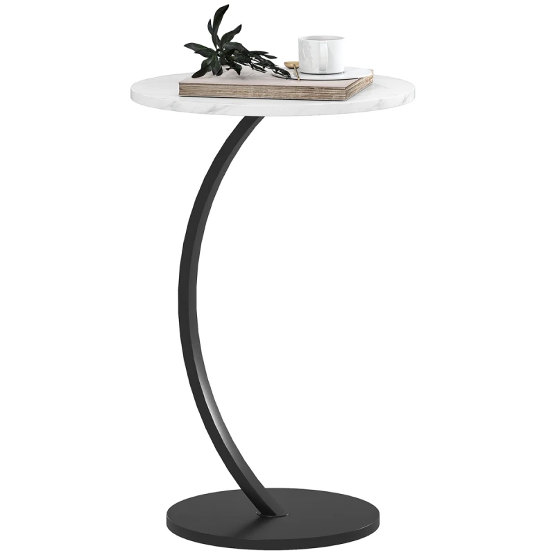 Image of HOMCOM HOMCOM C Shaped Side Table, Round Bedside Table w/ Marble Effect Top, White White One Size Unisex 5063603199958