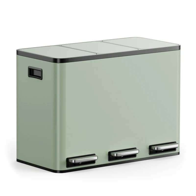 Image of Vonhaus 45L Waste & Recycling Kitchen Bin, 3 X 15L Sage Green Compartment Pedal Bin W/ Non Slip Base, Removable Inner Buckets