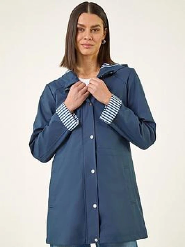 Image of Roman Womens Hooded Stripe Rain Jacket in Navy Size: 10 Navy Female 10