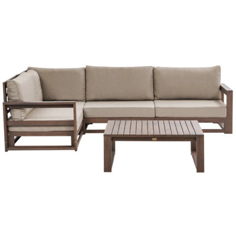 Image of Beliani Garden Corner Sofa With Table 4 Seater Timor Right Hand Modular Certified Acacia Wood Dark Brown
