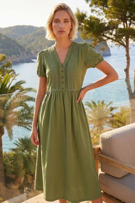 Image of Roman Womens Cotton Crochet Trim Dress in Khaki Size: 10 Khaki Female 10