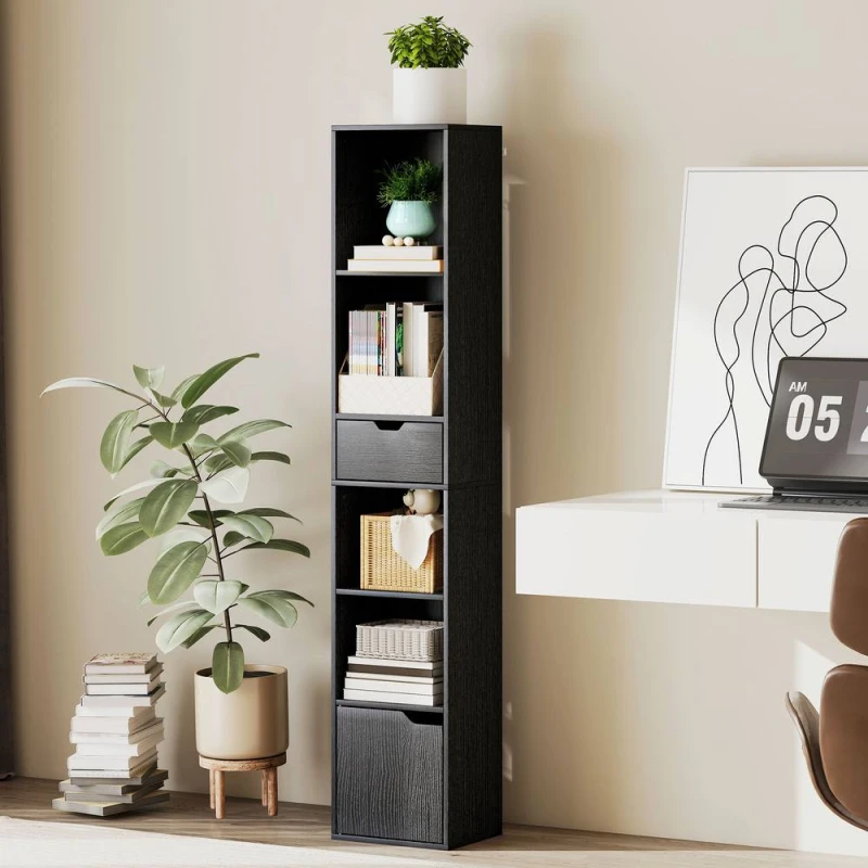 Image of HOMCOM Narrow Bookshelf with Drawer, Tall Bookcase for Living Room in Black Unisex