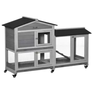 Image of PawHut Two-Tier Rabbit Hutch and Run Wooden Mobile Guinea Pig Hutch Bunny Cage w/ Wheels, Run, Slide-Out Tray, Ramp 157.4 x 53 x 99.5 cm