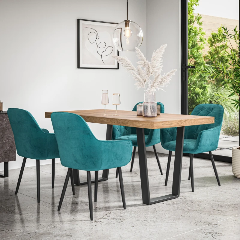 Image of More4Homes Aria Dining Table And Chairs - Oak Effect Table Top W Black Legs + Anika Velvet Dining Chair Set Of 6 (Blue)