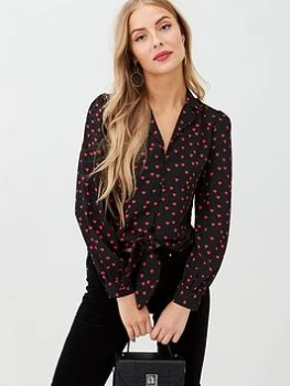 Image of Oasis Heart Frill High Neck Top - Heart Print, Multi Black, Size 10, Women