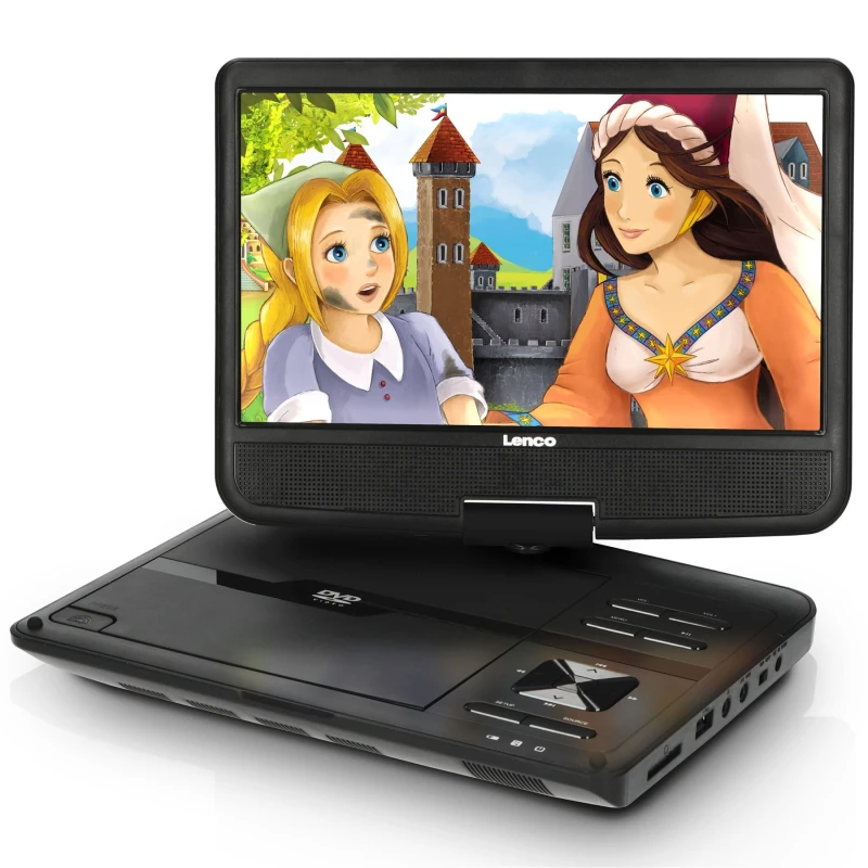 Image of Lenco DVP-1010BK Portable DVD Player with 10" Swivel Screen Earphone/SD Card/USB/AV-in/AV-out, Direct Play in Formats AVI/RMVB/MP3/JPEG - Black NED-14