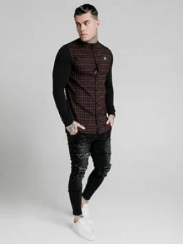 SikSilk Long Sleeve Flannel Check Granddad Shirt - Burgundy Size M Men