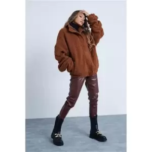 Image of I Saw It First Tan Premium Borg Bomber Jacket With Ruched Sleeve And Funnel Neck - Brown