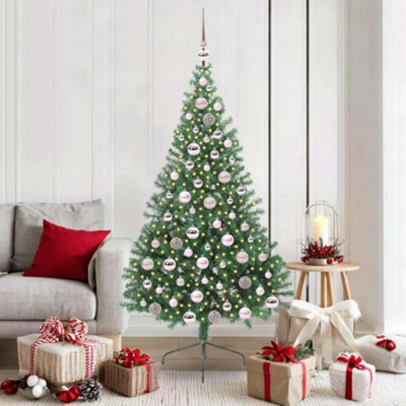 Image of vidaXL Artificial Pre-lit Christmas Tree with Pink Balls Green 180cm PVC, Green 3397013