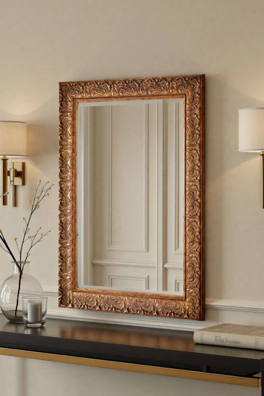Image of Yearn Mirrors Yearn Mirrors Carved Framed Bevelled Mirror Gold 118x92.5cm Gold One Size Unisex 0716053062482