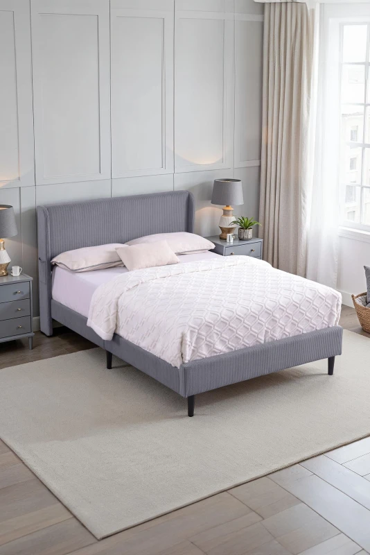 Image of SlumberWorx Dereham Light Grey Cord Fabric Winged Bed Frame